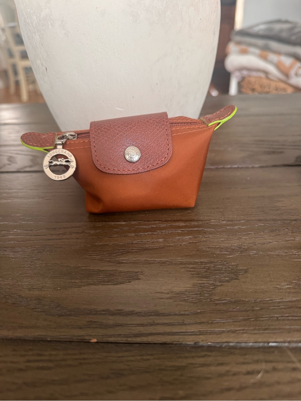 Longchamp Coin Purse in Rust Orange with Lime Trim